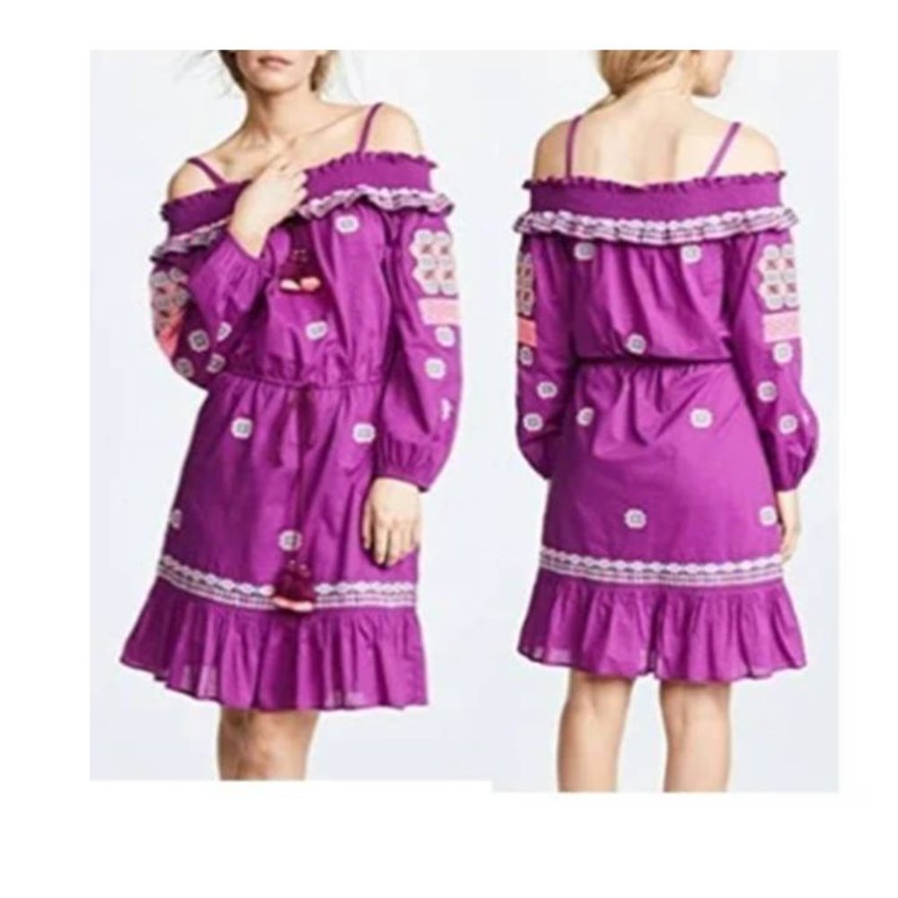 Off-Shoulder Purple Midi Dress with Embroidered Trim